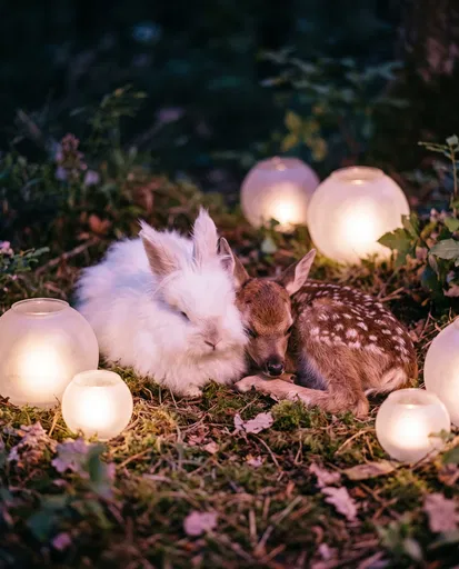 Fluffy Rabbit and Fawn with Glowing Lanterns