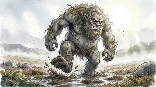 Watercolor Illustration of Angry Moorland Troll Stomping