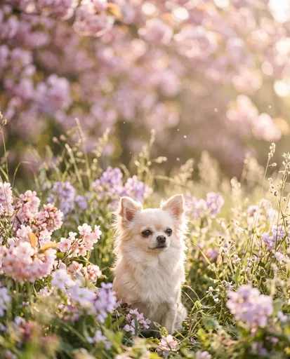 Cream Chihuahua in Spring Blossom Meadow