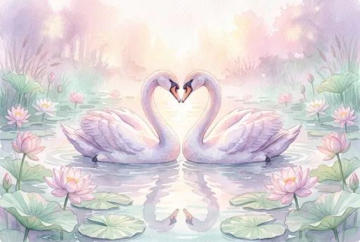 Watercolor Swans Forming Heart on Lotus Pond