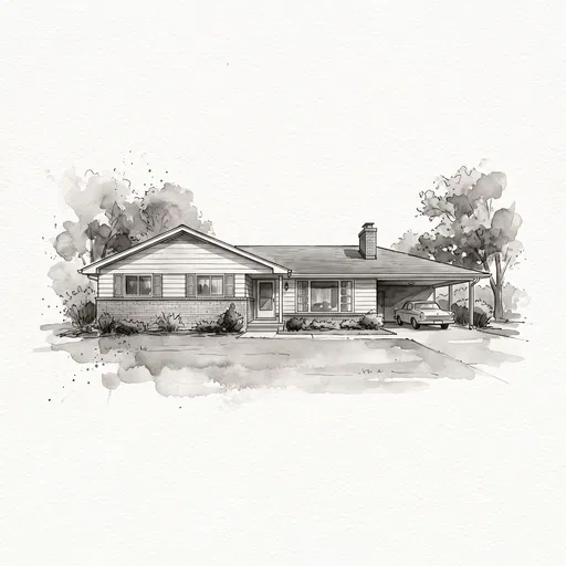 Monochrome Watercolor Illustration of Ranch House