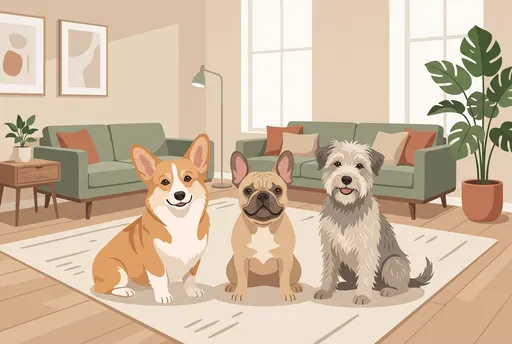 Three Smiling Dogs in Living Room Illustration