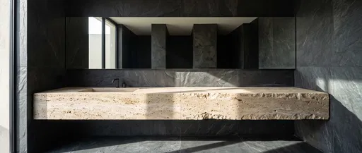 Minimalist Dark Slate Bathroom with Travertine Vanity
