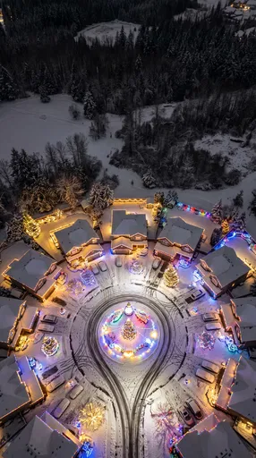 Aerial View of Snowy Christmas Cul-de-Sac