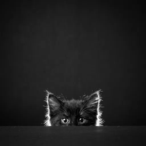 Fluffy Kitten Peeking in Monochrome