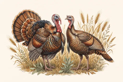 Two Illustrated Heritage Turkeys in Wheat