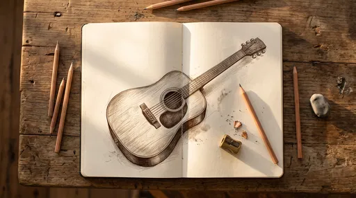 Acoustic Guitar Sketch in Open Notebook