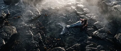 Mermaid Reclining in Misty Tidal Pool