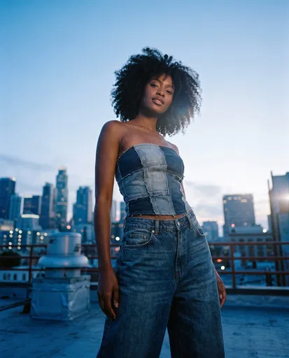Woman in Denim on Urban Rooftop