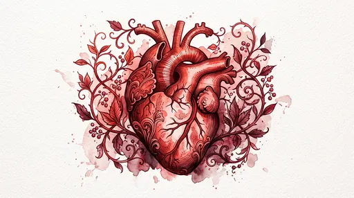 Watercolor Anatomical Heart with Red Vines