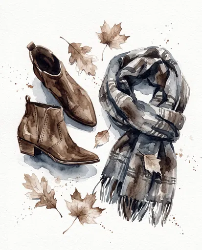 Watercolor Autumn Boots and Scarf Illustration