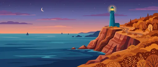 Teal Lighthouse on Autumn Cliffs at Dusk