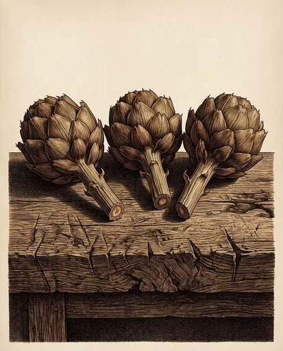 Stippled Illustration of Three Globe Artichokes