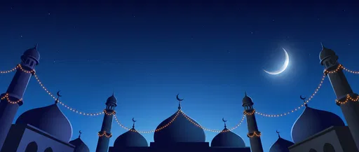 Mosque Silhouette Under Crescent Moon Night Sky