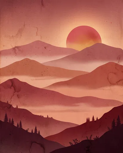 Crimson and Terracotta Misty Mountain Illustration