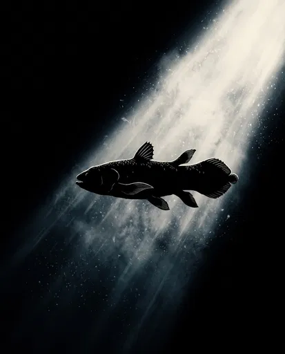 Coelacanth Silhouette in Deep Sea Light Beam