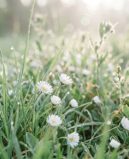 Dewy White Daisies in Morning Grass