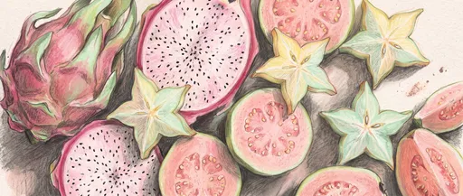 Pastel Drawing of Sliced Tropical Fruits