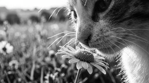 Monochrome Close-Up of Cat Sniffing Daisy