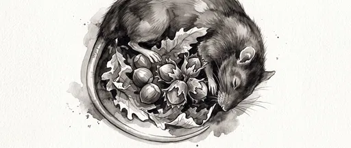 Monochrome Watercolor Rat Curled Around Hazelnuts