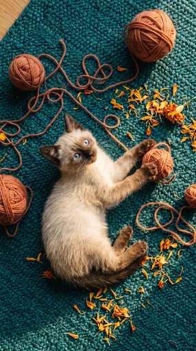 Siamese Kitten Playing With Terracotta Yarn