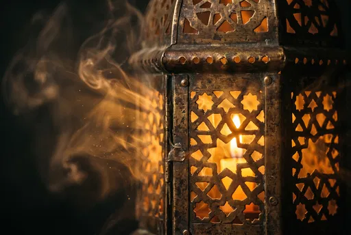 Antique Brass Lantern With Glowing Candlelight