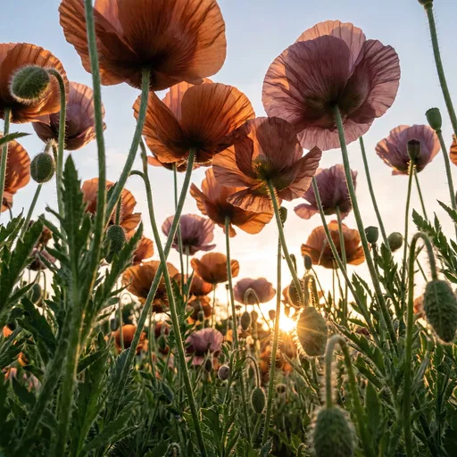 Low-Angle View of Backlit Poppies