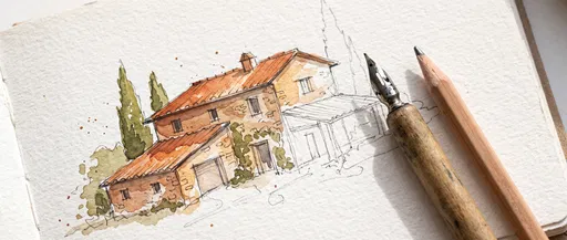 Watercolor Tuscan Farmhouse Sketch with Pen