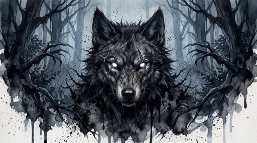 Dark Watercolor Wolf in Creepy Forest
