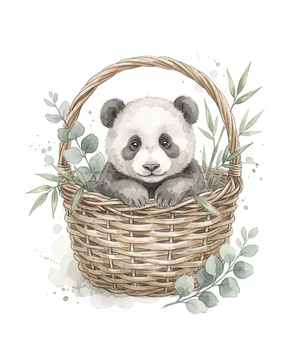 Watercolor Baby Panda in Woven Basket
