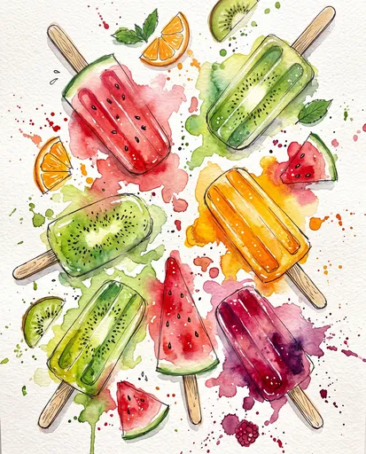 Colorful Fruit Popsicles Watercolor Illustration