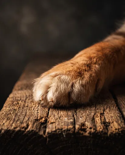 Close-Up of Fluffy Dog Paw on Wood
