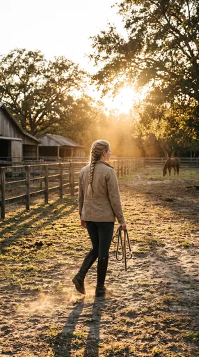 Equestrian Woman Walking In Sunlit Paddock