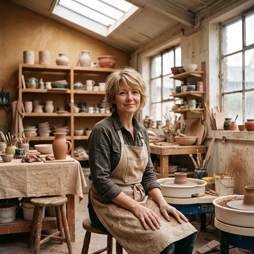 Smiling Woman Potter in Ceramic Studio