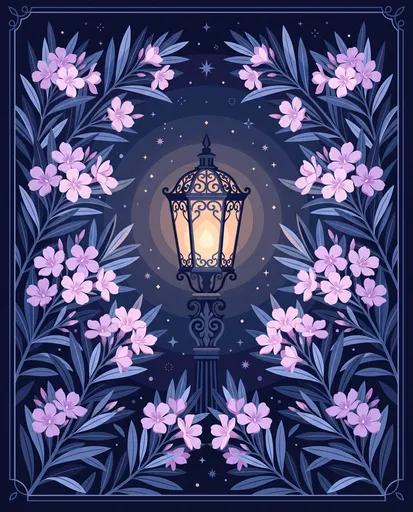 Glowing Garden Lantern Framed by Oleander