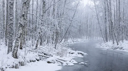 Frosted Birch Forest By Winter Creek