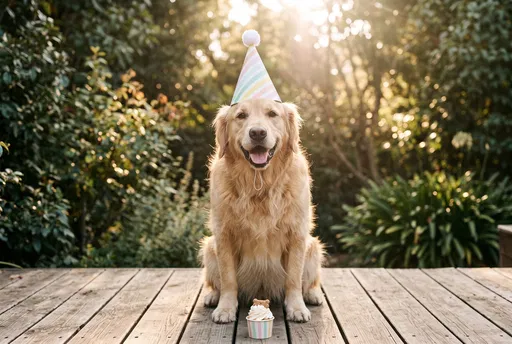 Golden Retriever Wearing Birthday Party Hat