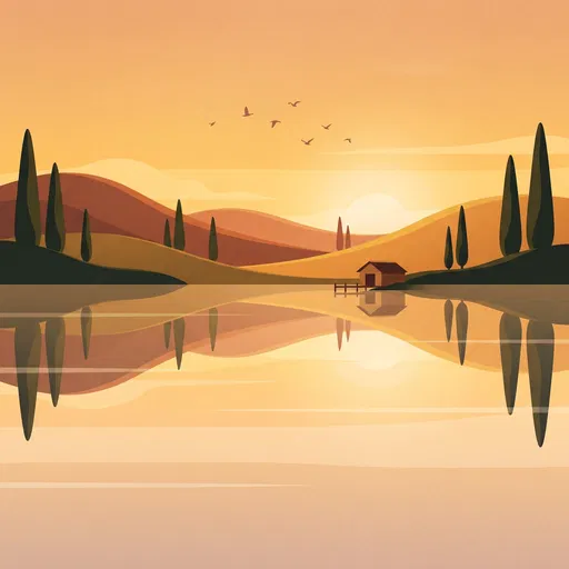 Minimalist Sunset Lake and Boathouse Illustration