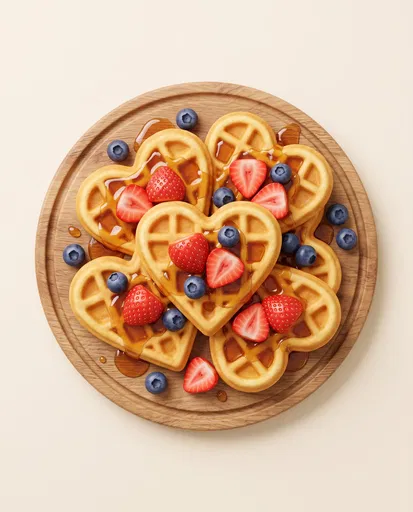 Heart Waffles With Berries On Wooden Board