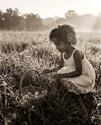 Girl Finding Easter Basket in Meadow