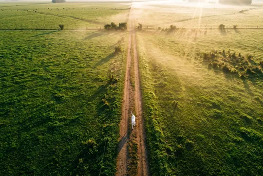 White Dog Running on Misty Country Path