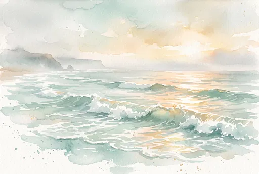 Pastel Watercolor Ocean Waves at Sunset