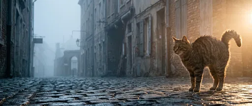 Startled Tabby Cat in Misty Alley