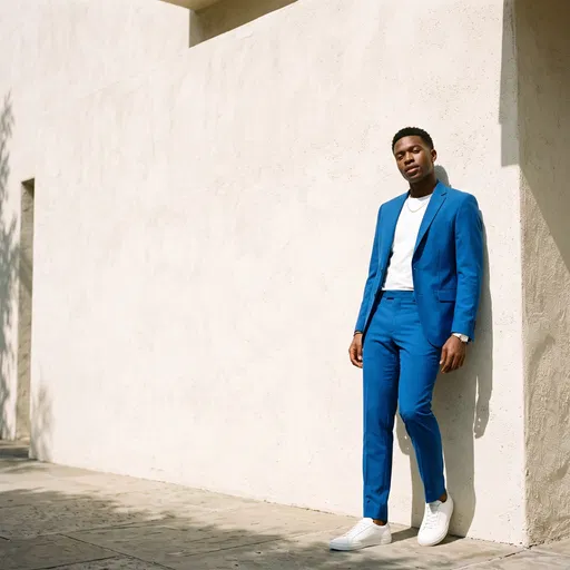 Man in Blue Suit Leaning on Wall