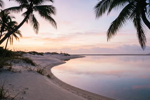 Pastel Sunrise Over Coastal Lagoon and Dunes