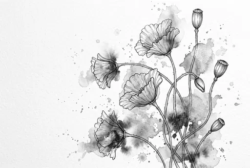 Monochrome Ink Poppy Flowers With Watercolor Splashes