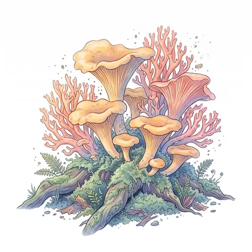 Pastel Chanterelle and Coral Fungi Clipart