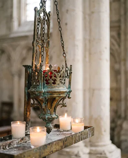 Antique Bronze Sanctuary Lamp and Candles