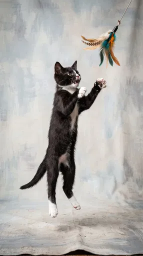 Tuxedo Kitten Leaping for Feather Toy