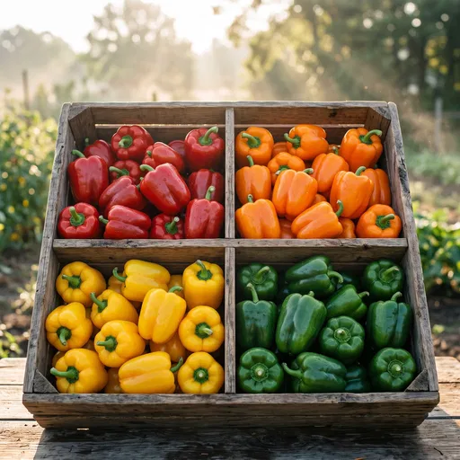 Divided Wooden Crate of Colorful Bell Peppers